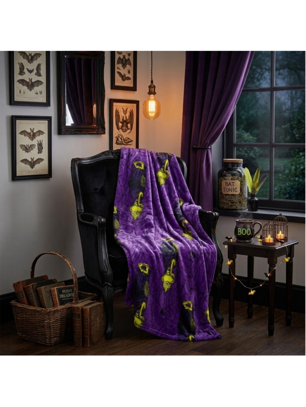Disney The Grinch Halloween Plush Throw Blanket Purple Spiderweb Bats 50x70